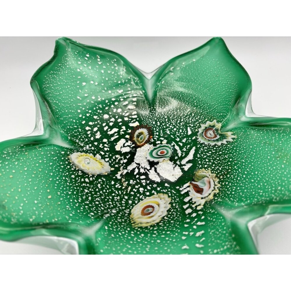Vintage Fratelli Toso Murano Italy Green Glass w/ Millifiori Candy Dish Ashtray - Picture 3 of 7